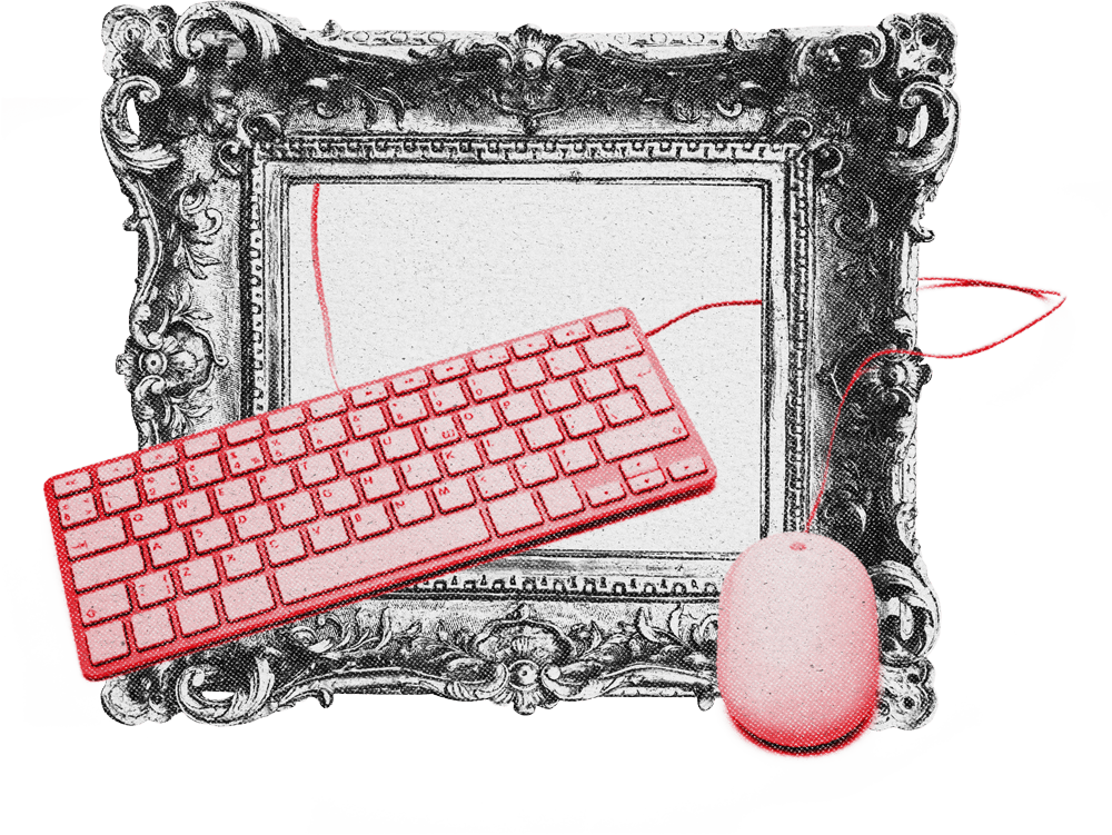 Ein antiker Bilderrahmen in dem sich eine Tastatur und eine Maus befindet